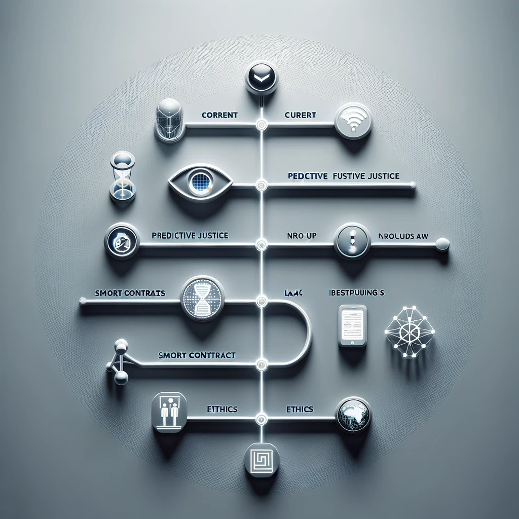 A conceptual, minimalist timeline without text, depicting the evolution of AI in the legal field. The timeline starts with icons representing current AI capabilities, progresses through near-future developments with symbols for predictive justice and smart contracts, and extends into speculative future roles with an icon for AI ethics officers. The sleek, monochromatic design features pops of color at each node, symbolizing the progression and milestones in AI's legal applications through visual symbols alone.