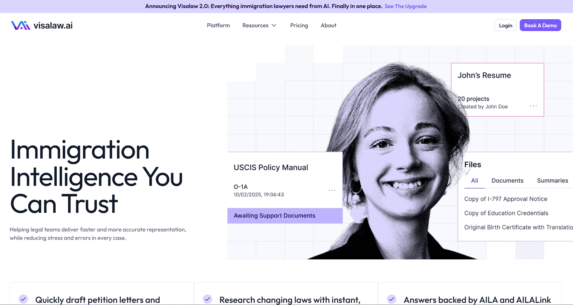 Homepage screenshot of visalaw.ai featuring the headline “Immigration Intelligence You Can Trust,” a large portrait, and interface panels for immigration files and documents.