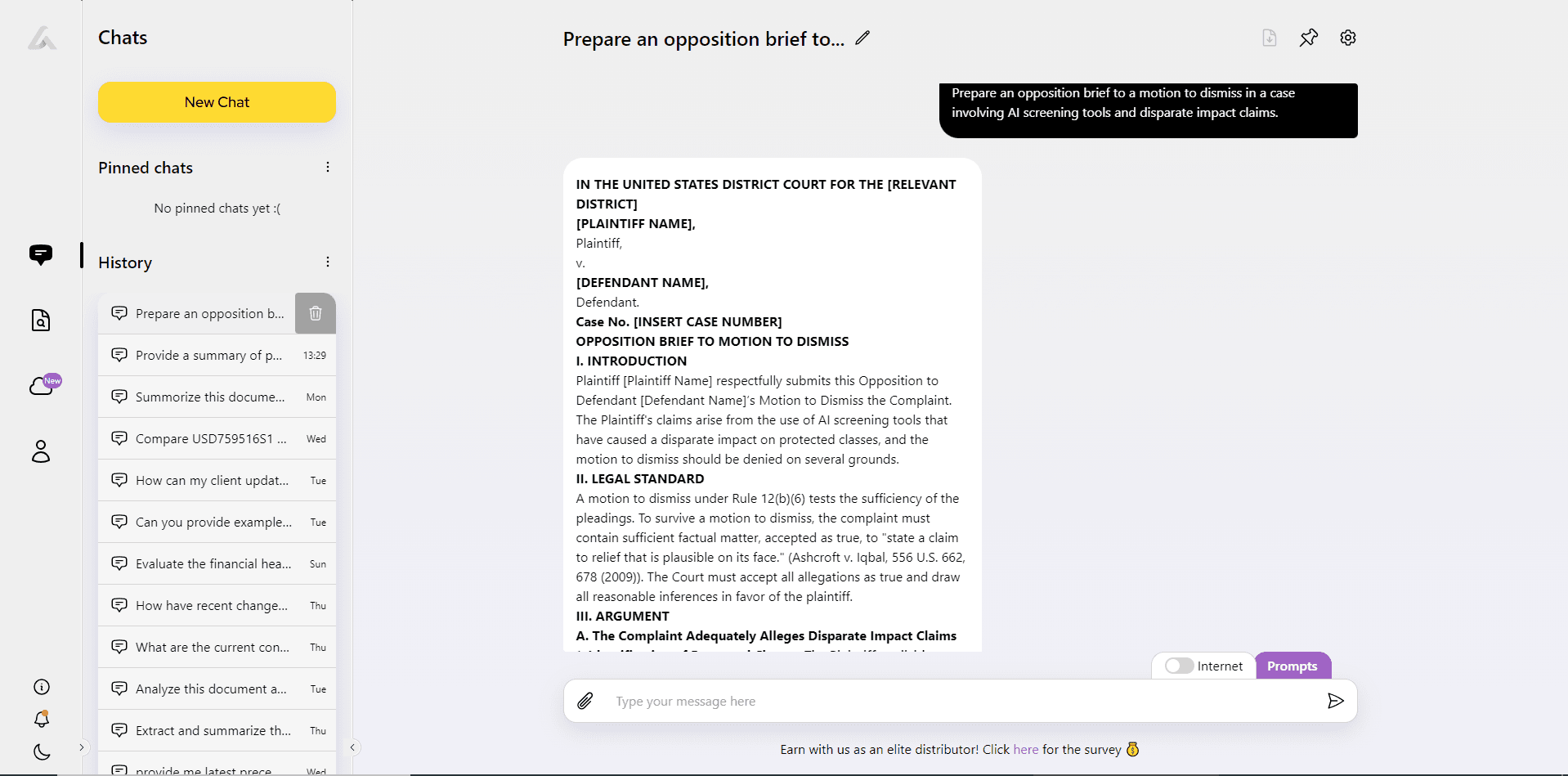 Screenshot of AI Lawyer drafting an opposition brief template in response to a prompt about AI screening tools and disparate impact claims.