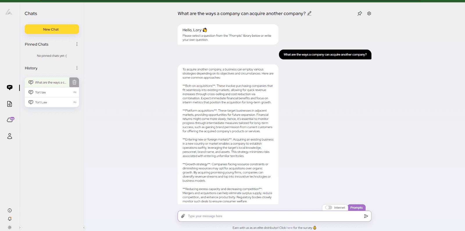 AI Lawyer is a chatbot service that assists users with a range of legal issues.”What are the ways a company can acquire another company?”