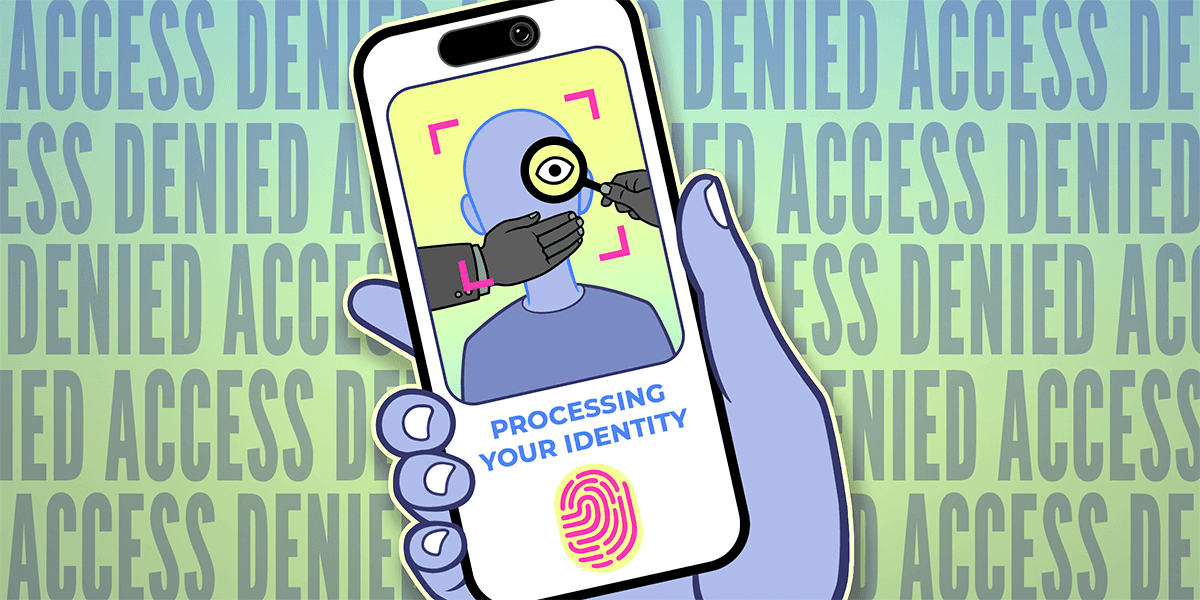 Illustration of digital age verification with identity check and privacy risk concept