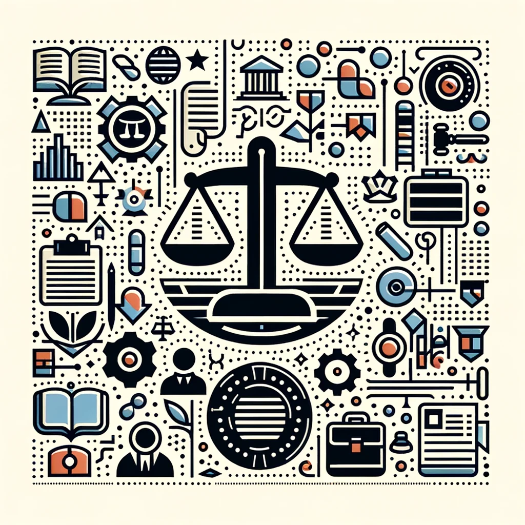 A minimalist design schematic featuring a balanced array of geometric shapes and abstract icons that collectively symbolize the legal system, including scales of justice, legal documents, and judicial icons, all arranged in a fresh, grid-like layout using a harmonious three-color palette