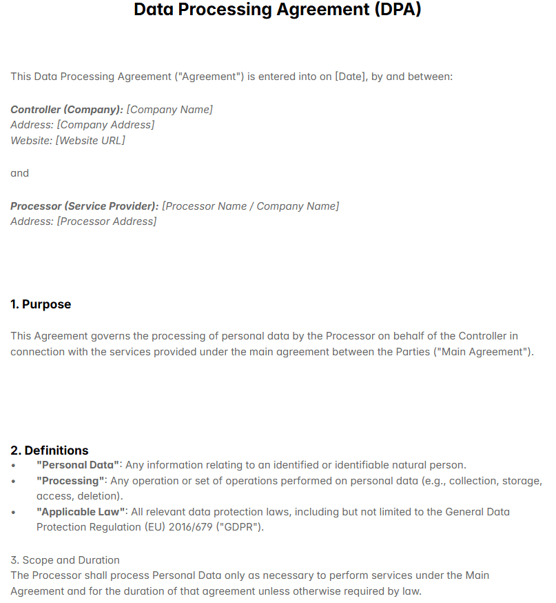 Data Processing Agreement (DPA) Template