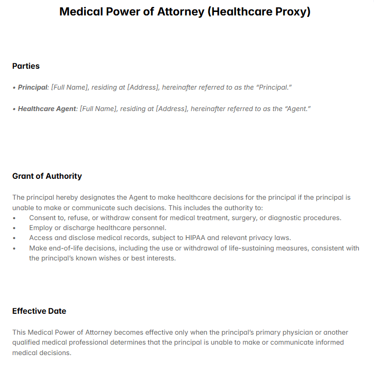 Medical Power of Attorney Template