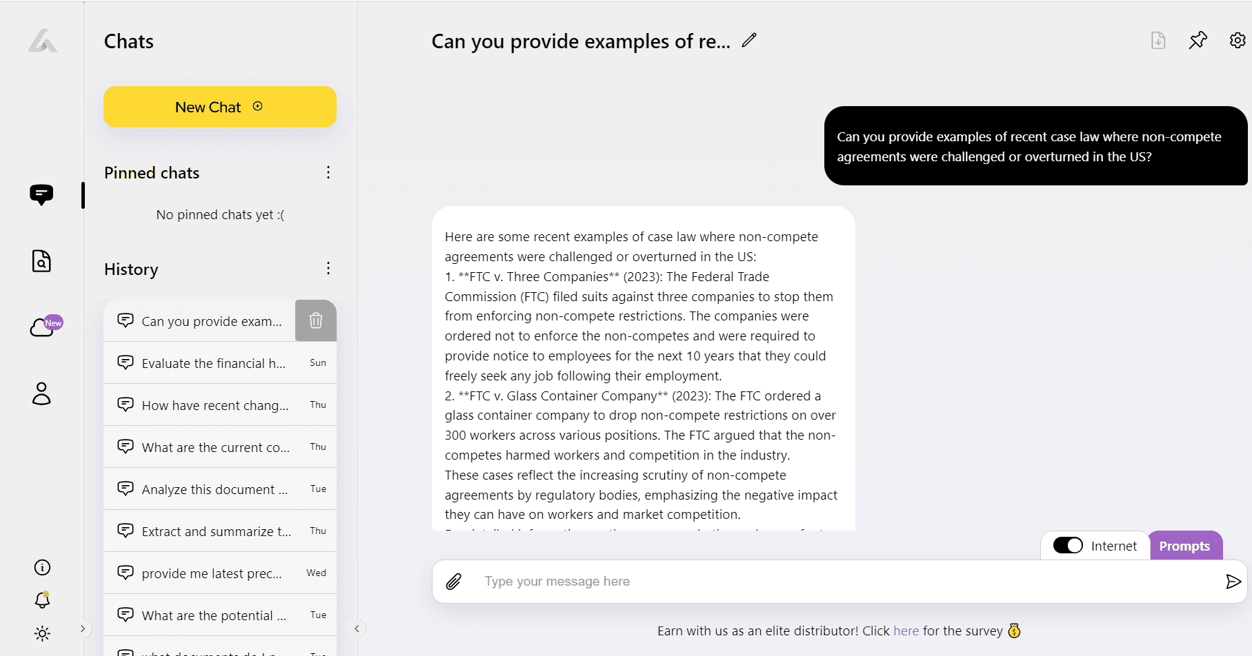 Screenshot of AI Lawyer chat using Internet mode to answer a question about recent US cases challenging non-compete agreements.