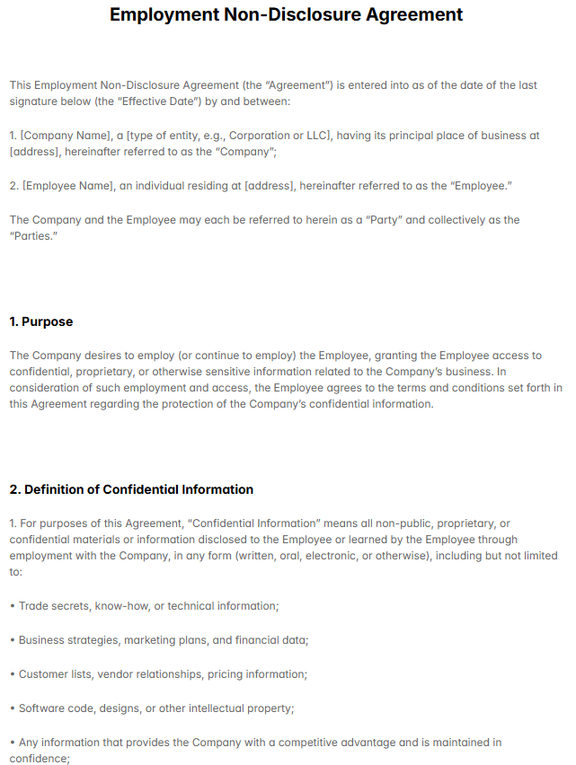 Employment Non-Disclosure Agreements Template